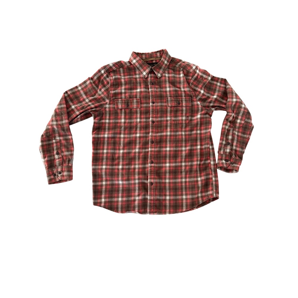 Brothers Sons Mens Brown Red Plaid Flannel Button Down Shirt Size L Rugged Wear